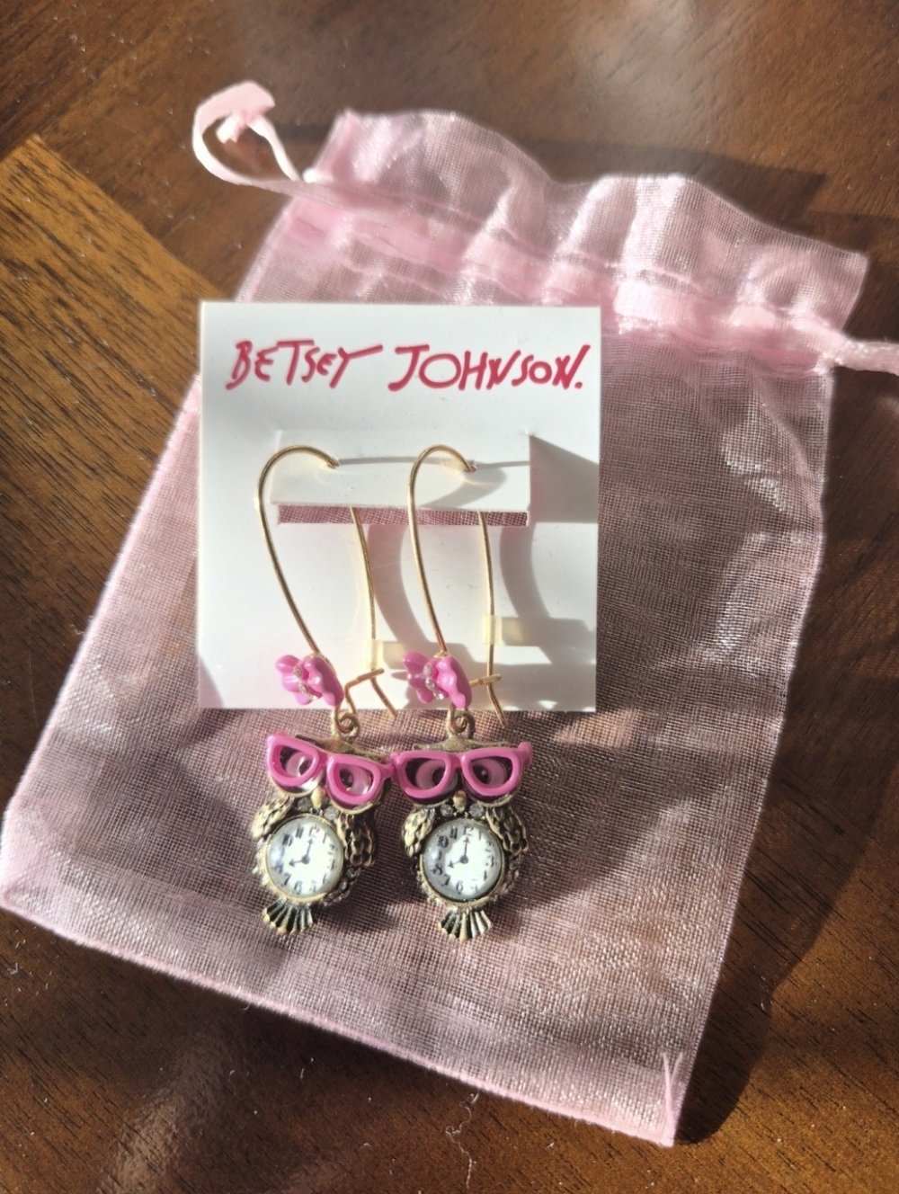 Betsey Johnson "Back To Cool" Owl Clock Dangle Earrings